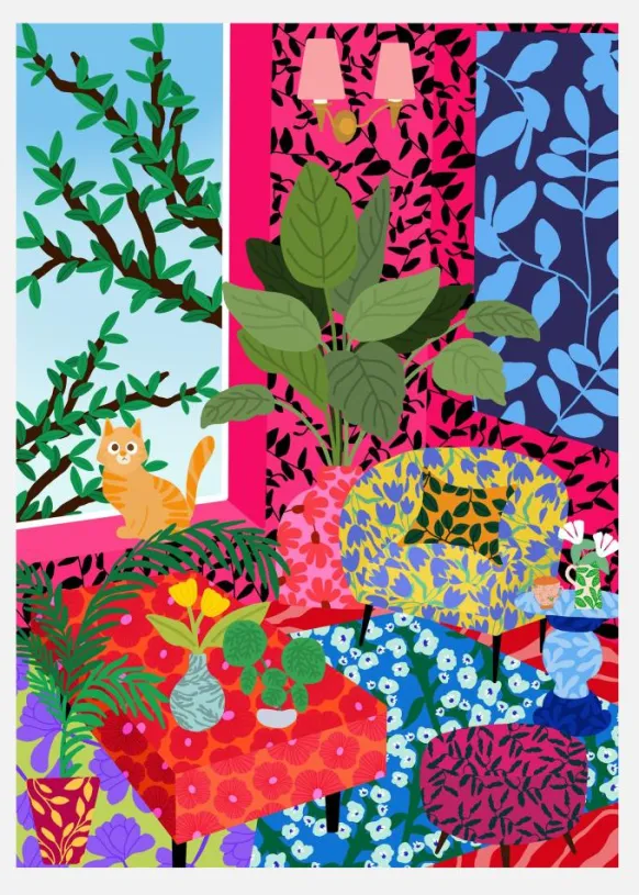 Cat In Flower Power Livingroom Canvastavla (30x40 cm)