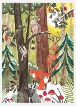 Green Christmas Forest With Animals Canvastavla (30x40 cm)