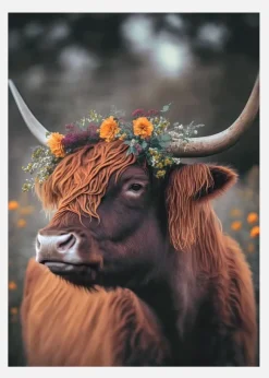 Highland Cow With Flowers Canvastavla (30x40 cm)