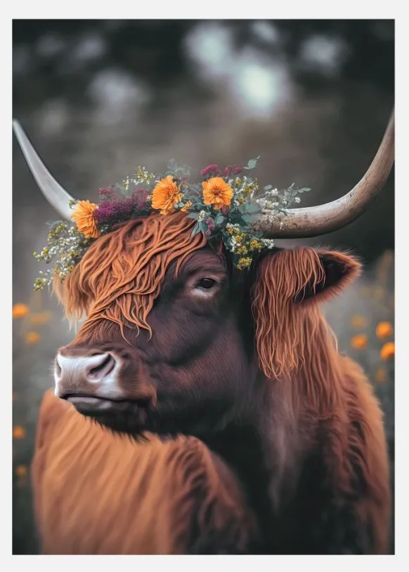 Highland Cow With Flowers Canvastavla (30x40 cm)