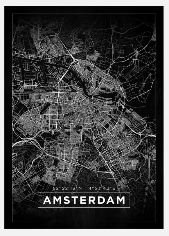 Karta - Amsterdam - Svart Canvastavla (30x40 cm)