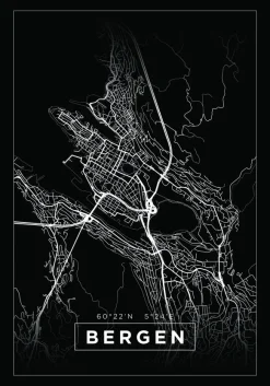 Karta - Bergen - Svart Poster (21x29.7 cm (A4))