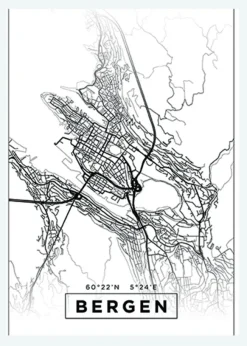 Karta - Bergen - Vit Canvastavla (30x40 cm)