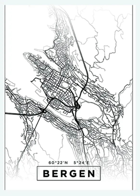 Karta - Bergen - Vit Canvastavla (30x40 cm)