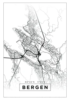 Karta - Bergen - Vit Poster (21x29.7 cm (A4))