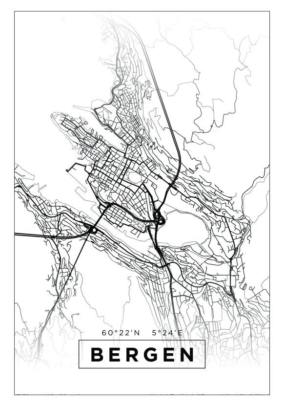 Karta - Bergen - Vit Poster (21x29.7 cm (A4))