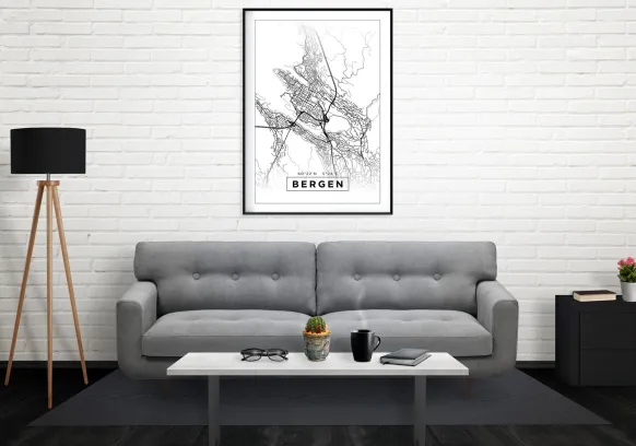 Karta - Bergen - Vit Poster (21x29.7 cm (A4))