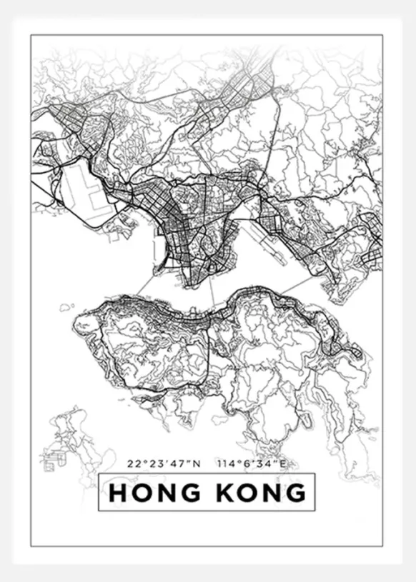 Karta - Hong Kong - Vit Canvastavla (30x40 cm)