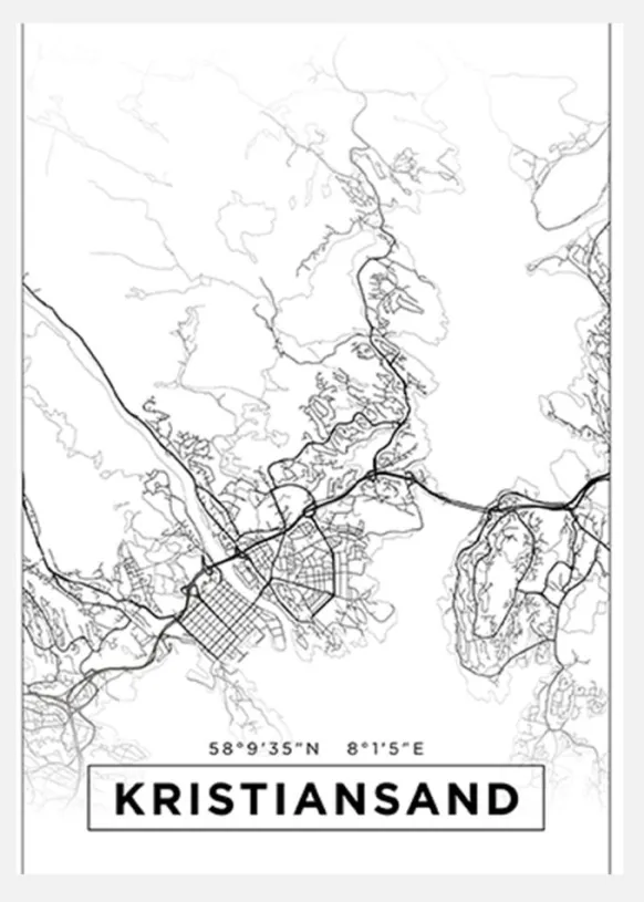 Karta - Kristiansand - Vit Canvastavla (30x40 cm)