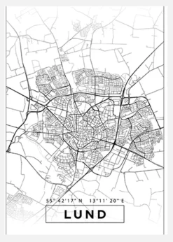 Karta - Lund - Vit Canvastavla (30x40 cm)