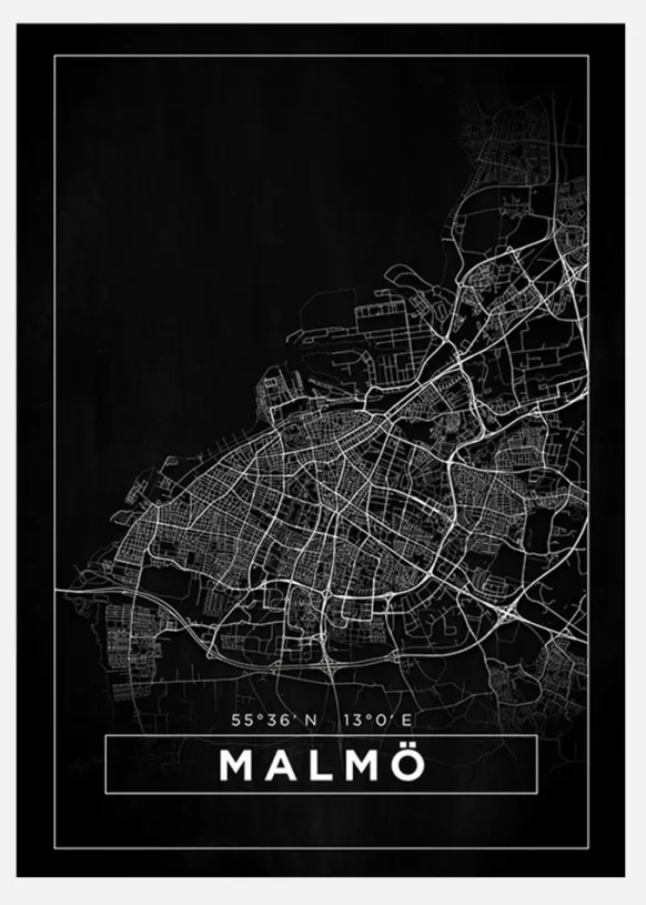 Karta - Malmö - Svart Canvastavla (30x40 cm)
