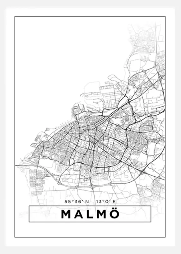 Karta - Malmö - Vit Canvastavla (30x40 cm)