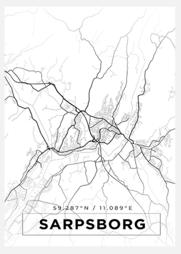 Karta - Sarpsborg - Vit Canvastavla (30x40 cm)