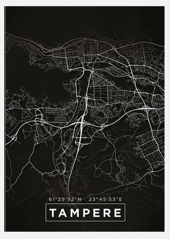 Karta - Tampere - Svart Canvastavla (30x40 cm)