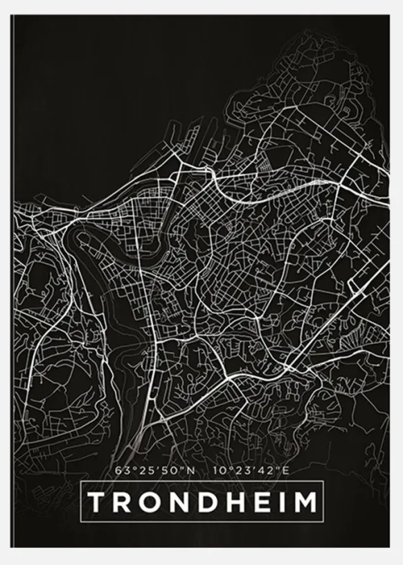 Karta - Trondheim - Svart Canvastavla (30x40 cm)
