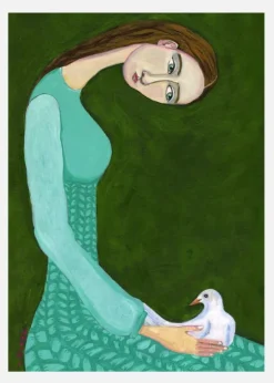 Lady Sitting With White Dove Bird Woman Canvastavla (30x40 cm)
