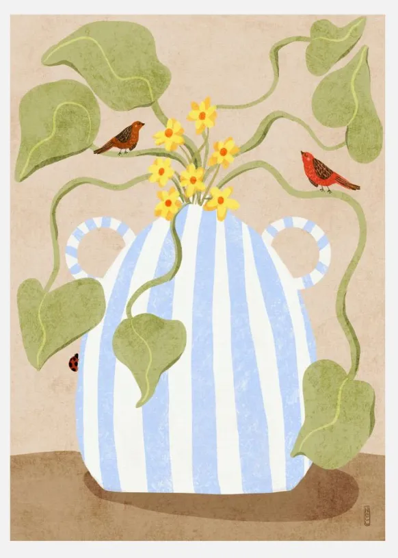 Leaves In A Pot With Birds Canvastavla (30x40 cm)