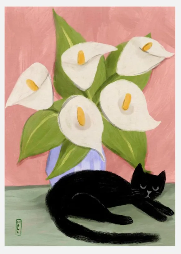 Lilies In A Vase And A Black Cat - Still Life Canvastavla (30x40 cm)