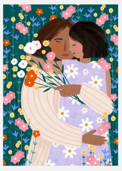 Mother And Daughter In Wildflower Garden Canvastavla (30x40 cm)