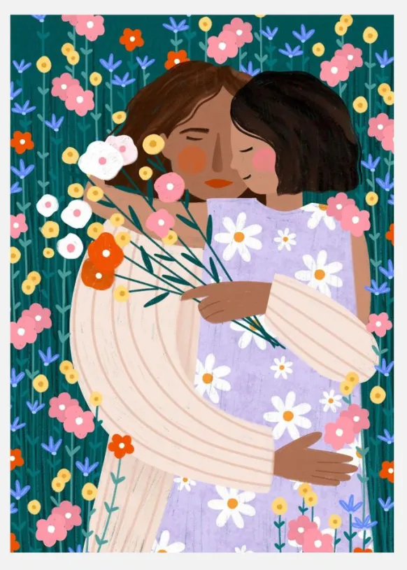 Mother And Daughter In Wildflower Garden Canvastavla (30x40 cm)