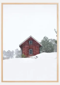 Old red house during snowstorm Poster (21x29.7 cm (A4))