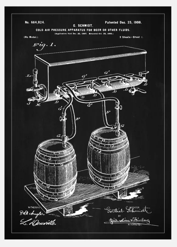 Patent Print - Beer Kegs - Black Canvastavla (30x40 cm)