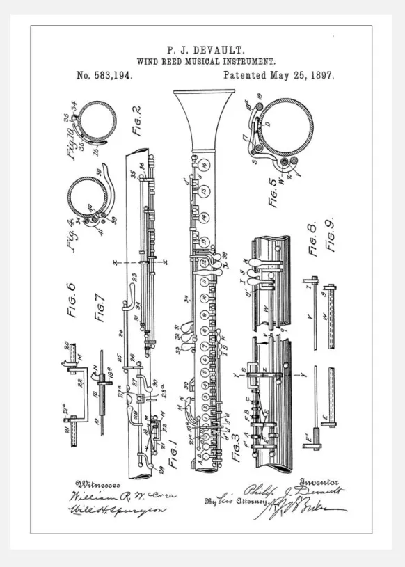 Patent Print - Clarinet - White Canvastavla (30x40 cm)
