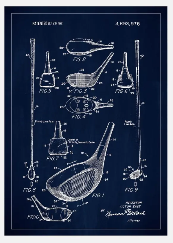 Patent Print - Golf Club - Blue Canvastavla (30x40 cm)