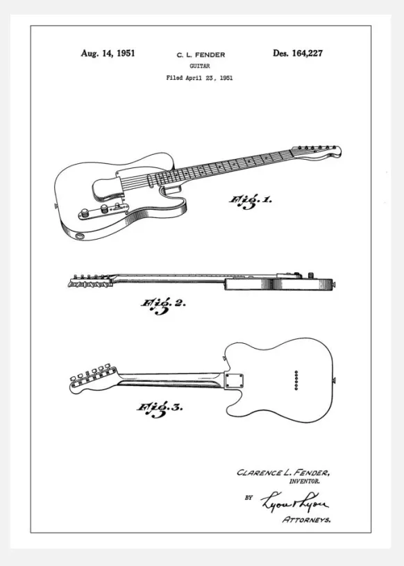Patent Print - Guitar - White Canvastavla (30x40 cm)