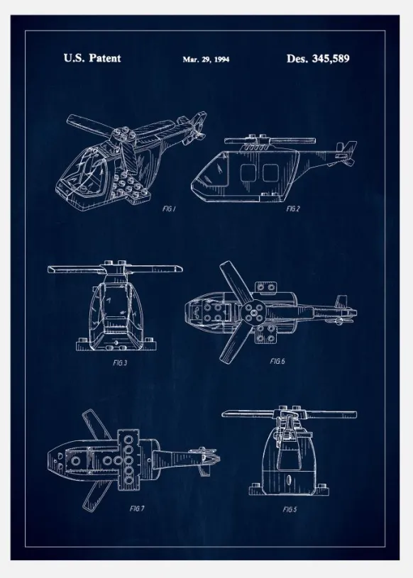 Patent Print - Lego Helicopter - Blue Canvastavla (30x40 cm)
