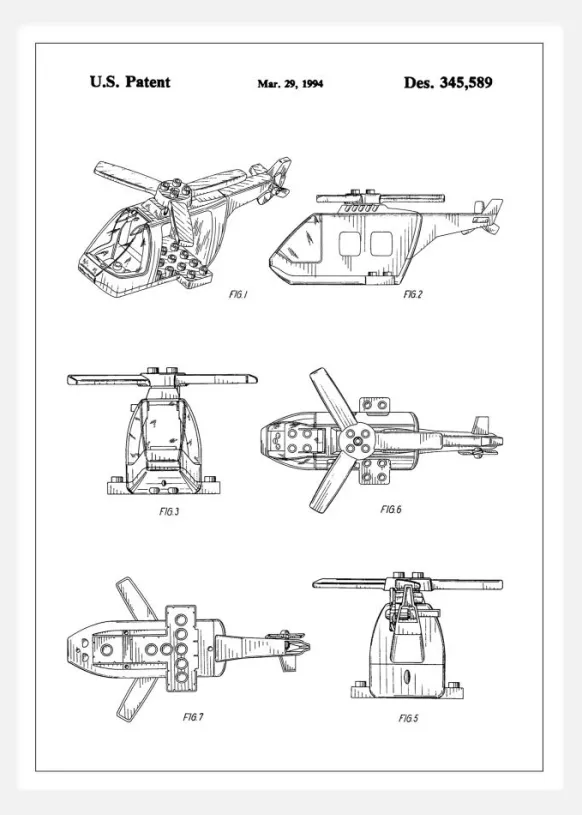 Patent Print - Lego Helicopter - White Canvastavla (30x40 cm)
