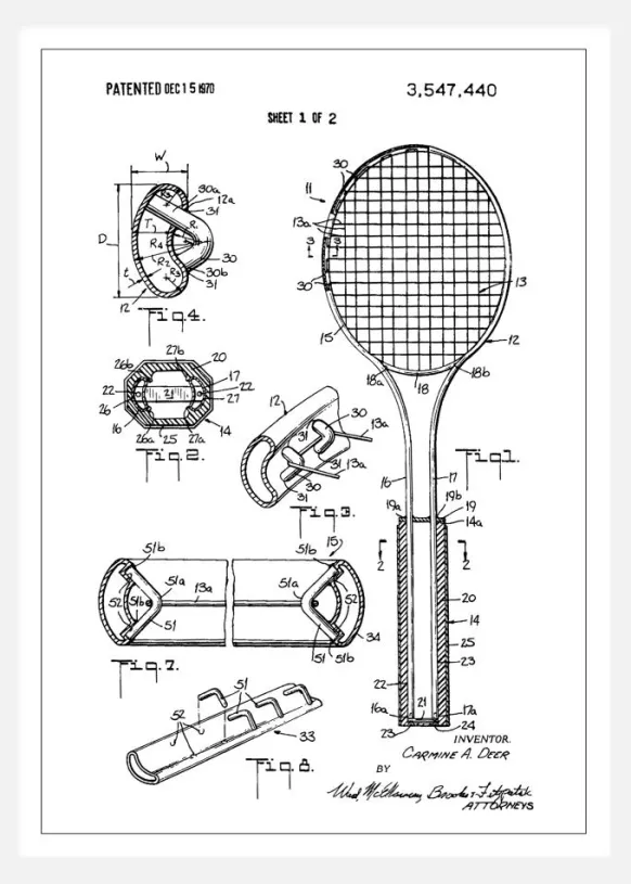 Patent Print - Tennis Racket - White Canvastavla (30x40 cm)