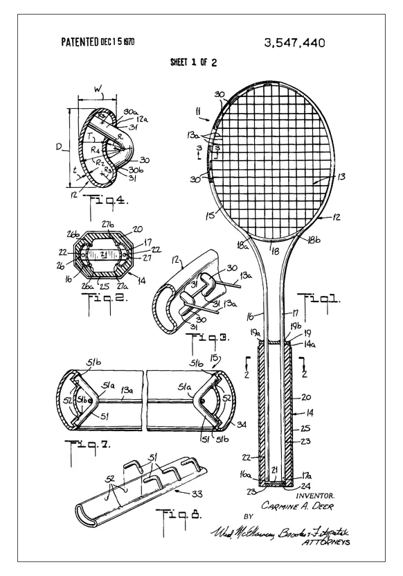 Patent Print - Tennis Racket - White Poster (21x29.7 cm (A4))