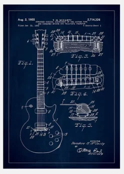 Patentritning - Elgitarr I - Blå Canvastavla (30x40 cm)