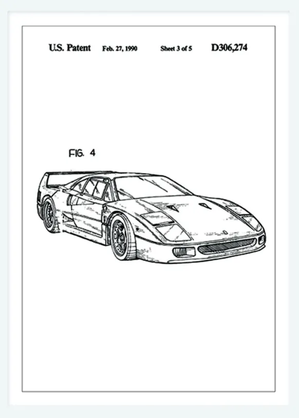 Patentritning - Ferrari F40 II Canvastavla (30x40 cm)