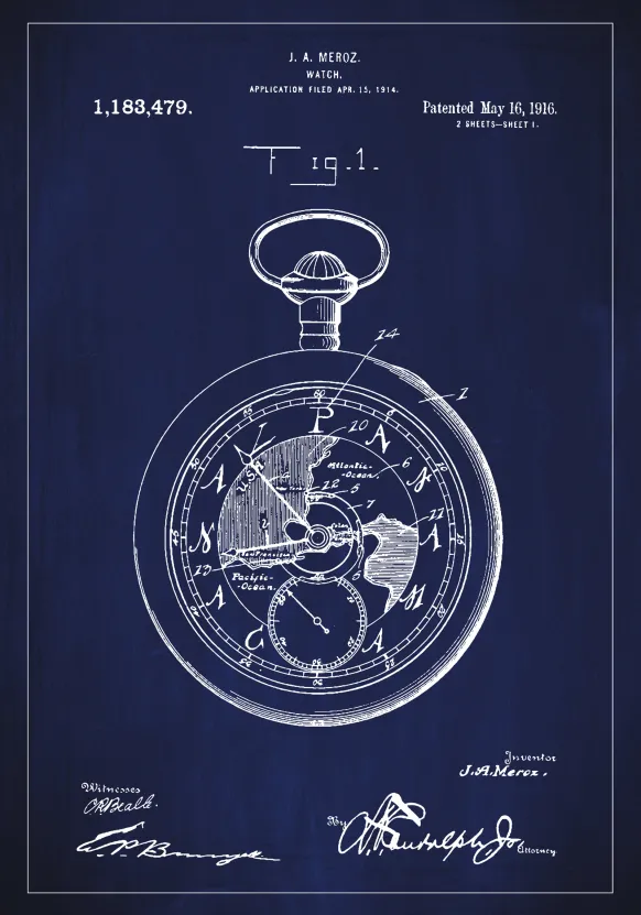 Patentritning - Fickur - Blå Poster (21x29.7 cm (A4))
