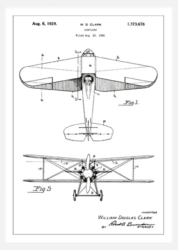 Patentritning - Flygplan - Vit Canvastavla (30x40 cm)