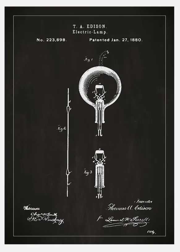 Patentritning - Glödlampa B - Svart Canvastavla (30x40 cm)
