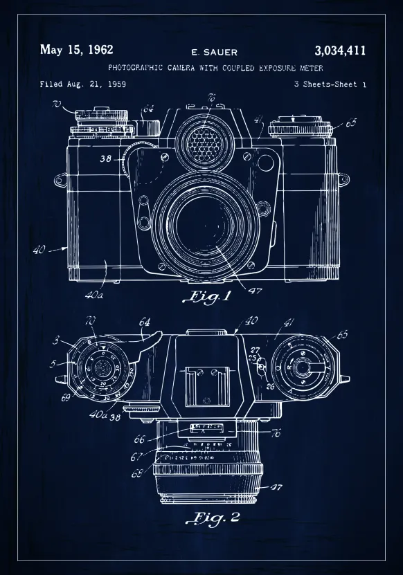 Patentritning - Kamera I - Blå Poster (21x29.7 cm (A4))