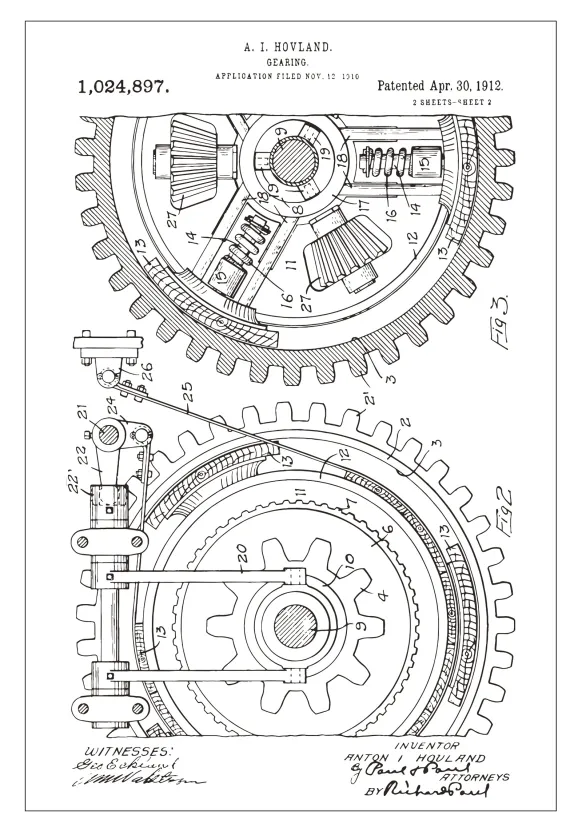 Patentritning - Kugghjul - Vit Poster (21x29.7 cm (A4))