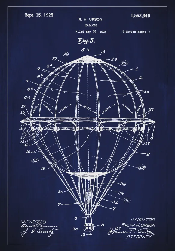 Patentritning - Luftballong - Blå Poster (21x29.7 cm (A4))