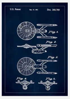 Patentritning - Star Trek - Uss Enterprise - Blå Canvastavla (30x40 cm)