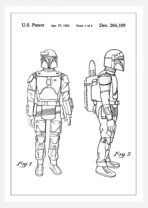 Patentritning - Star Wars - Boba Fett - Vit Canvastavla (30x40 cm)