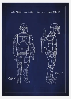 Patentritning - Star Wars - Boba Fett - Blå Canvastavla (30x40 cm)