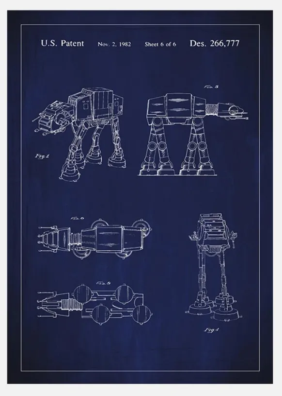 Patentritning - Star Wars - Walker - Blå Canvastavla (30x40 cm)