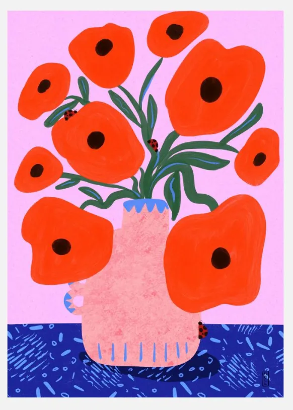 Red Poppies And Ladybirds Floral Canvastavla (30x40 cm)