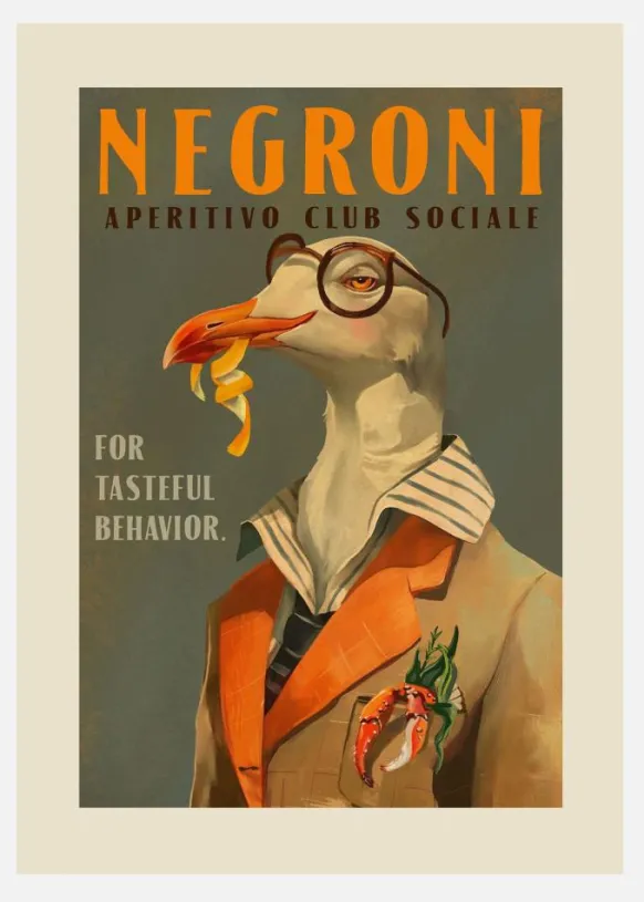 Vintage Art Deco Negroni Of A Fancy Seagull Canvastavla (30x40 cm)