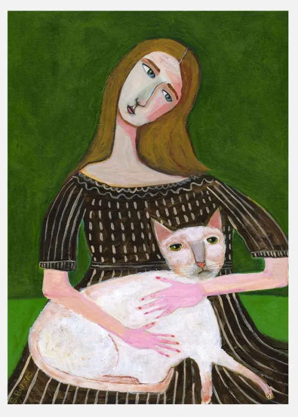 Vintage Lady With White Cat Canvastavla (30x40 cm)