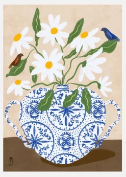White Flowers In A Vase With Birds Canvastavla (30x40 cm)