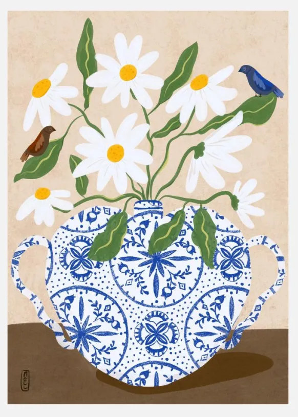 White Flowers In A Vase With Birds Canvastavla (30x40 cm)